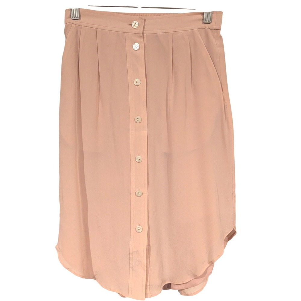Unbranded Silk Button Front Skirt Blush Pink Brushed Curved Hem Pockets XS